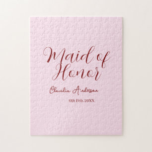 Ere-juffrouw mauve naam datum roze pastel bruiden legpuzzel
