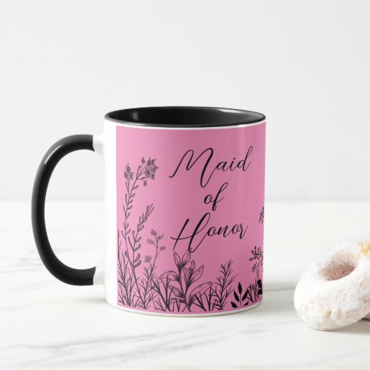 Ere-juffrouw Roze Wilde Bloem Doodles Mok (Met donut)