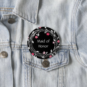 Ere-juffrouw Zwart Wit Roze Bloemenkrans Ronde Button 7,6 Cm