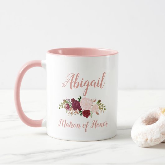 Ereleidster Roze Marsala Bloemachtige Bruiloft Mok (Met donut)