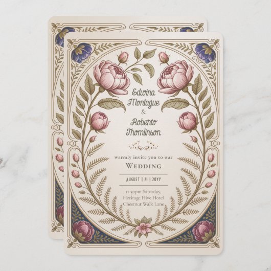 Erfenis Art Nouveau Botanische Trouw Pioenrozen Kaart (Voorkant / Achterkant)