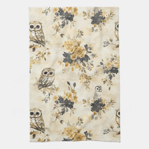 Erfenis Beige Uil Botanisch Bloemmotief Theedoek