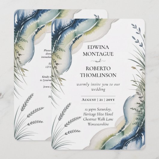 Erfenis Blauwgroene Aquarel Kust Bruiloft Kaart (Voorkant / Achterkant)