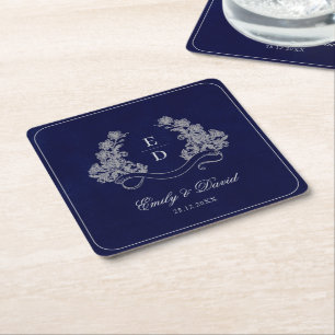Erfenis Bloem Crest Navy Monogram Papieren Servet Kartonnen Onderzetters