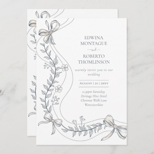 Erfenis Bloemenslint Handgetekend Elegant Bruiloft Kaart (Voorkant / Achterkant)