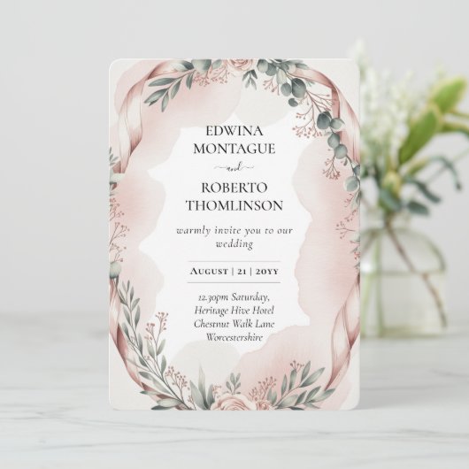 Erfenis Blush Lint Waterverf Botanische Bruiloft Kaart (Staand voorkant)