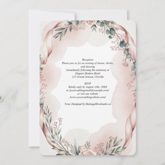 Erfenis Blush Lint Waterverf Botanische Bruiloft Kaart (Achterkant)