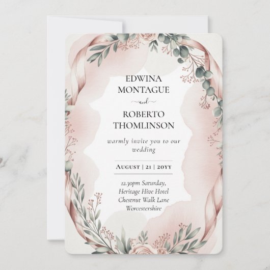 Erfenis Blush Lint Waterverf Botanische Bruiloft Kaart (Voorkant)