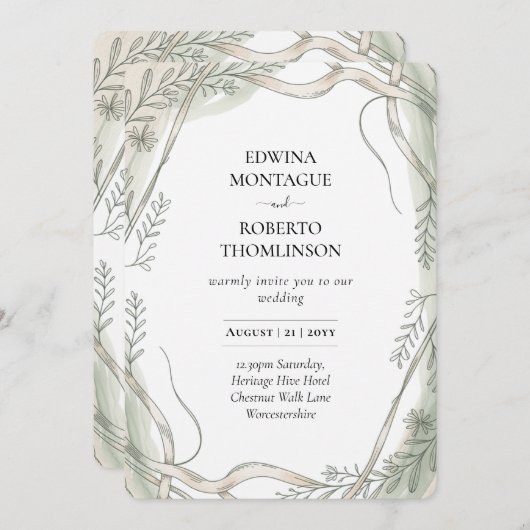 Erfenis Botanische Lint en Wijnstok Bruiloft Kaart (Voorkant / Achterkant)