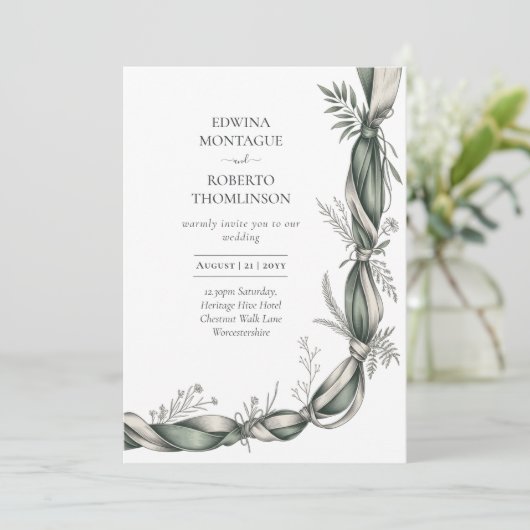 Erfenis Botanische Lint Twist Elegant Groen Bruids Kaart (Staand voorkant)