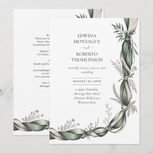 Erfenis Botanische Lint Twist Elegant Groen Bruids Kaart (Voorkant / Achterkant)