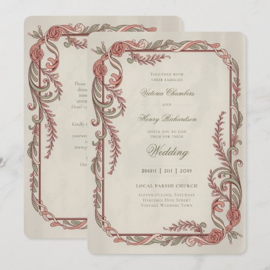 Erfenis | Edouardiaanse Roos Krans Bruiloft Kaart (Voorkant / Achterkant)