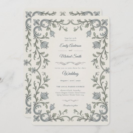 Erfenis | Edwardiaanse Blauwe Flora Scroll Trouw Kaart (Voorkant / Achterkant)