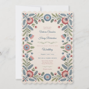 Erfenis   Folk Art Blush en Blauwe Bloemige Bruilo Kaart