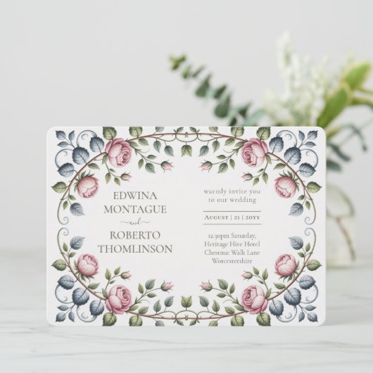 Erfenis Horizontale Victoriaanse Roze Bruiloft Kaart (Staand voorkant)