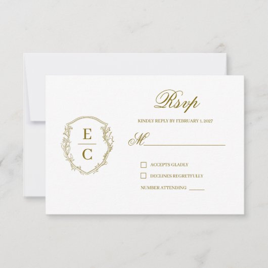 Erfenis Monogram Crest Trouw RSVP Brons Kaartje (Voorkant)