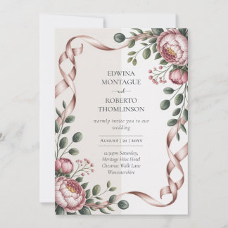 Erfenis Pioen Lint Botanische Elegante Trouwdag Kaart
