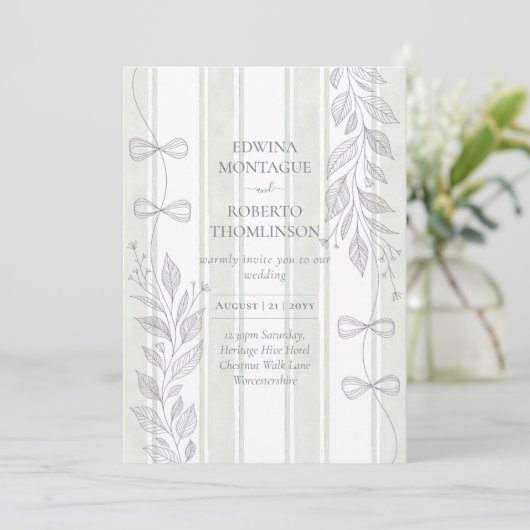 Erfenis Sage Botanische Lintlijn Strikken Bruiloft Kaart (Staand voorkant)