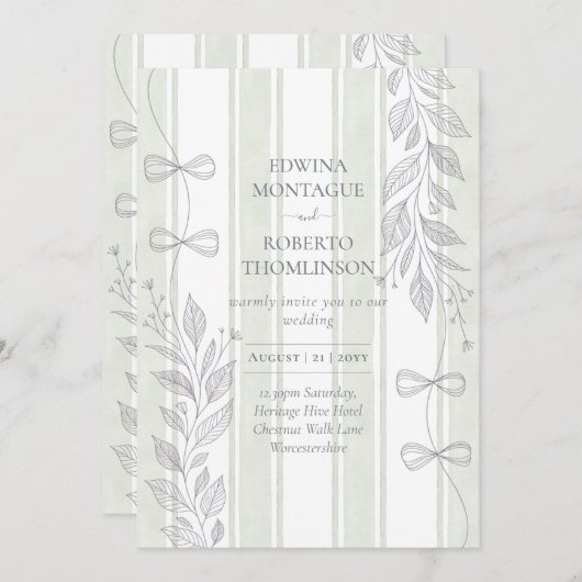 Erfenis Sage Botanische Lintlijn Strikken Bruiloft Kaart (Voorkant / Achterkant)