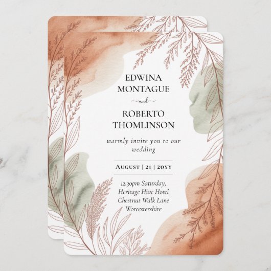 Erfenis Terracotta en Salie Botanische Bruiloft Kaart (Voorkant / Achterkant)