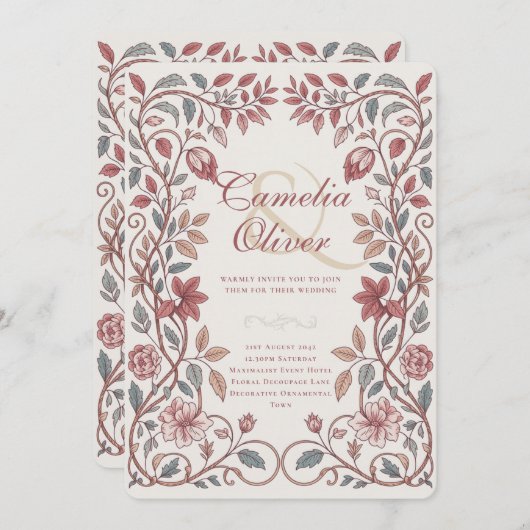 Erfenis Victoriaanse Bloem Aardewerk Blauw Bruilof Kaart (Voorkant / Achterkant)