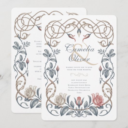 Erfenis Victoriaanse Blos, Blauwe Bloemige Bruilof Kaart (Voorkant / Achterkant)