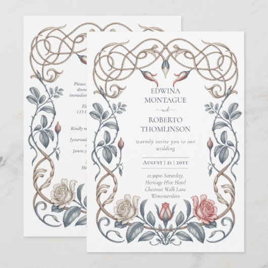 Erfenis Victoriaanse Botanische Bloemige Roos Brui Kaart (Voorkant / Achterkant)