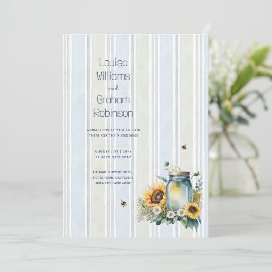 Erfenis Zonnebloem en Bij Metsglazen Bruiloft Kaart (Staand voorkant)