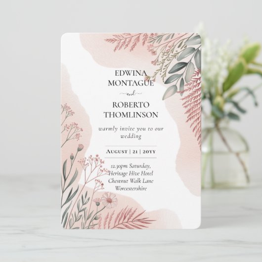 Erfenisroze en saliegroene botanische bruiloft kaart (Staand voorkant)