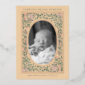 Erfgoed Bloemen Lijst Ovaal Foto Geboorte Folie Uitnodiging (Voorkant)