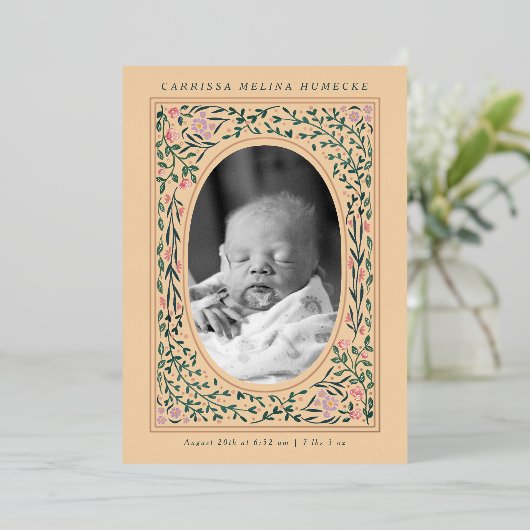 Erfgoed Bloemen Lijst Ovaal Foto Geboorte Folie Uitnodiging (Staand Voorkant)