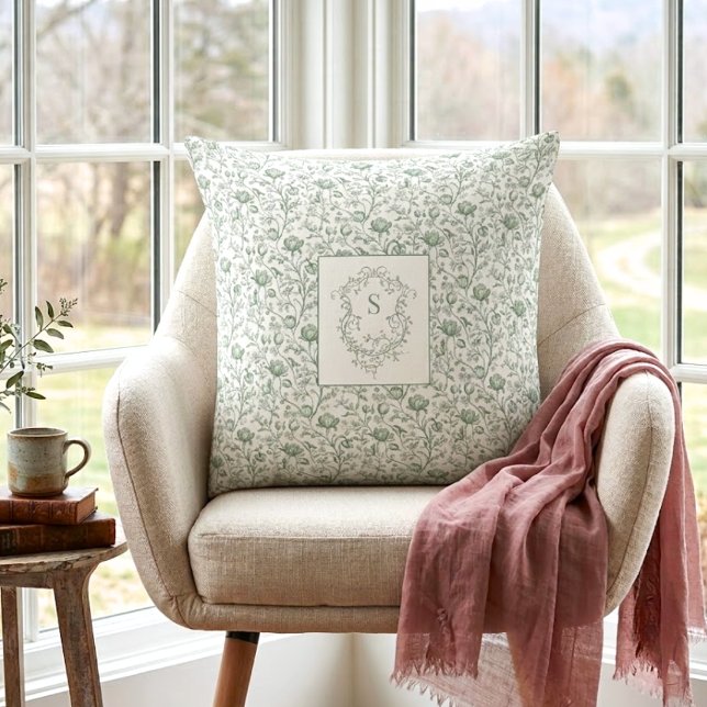 Erfgoed Luxe Salie Franse Toile Monogram Wapenschi Kussen (Creator heeft geüpload)