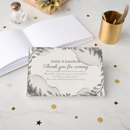 Erfgoed Moderne Zwart-Wit Huwelijksbloemstukken Gastenboek (Voorkant open)