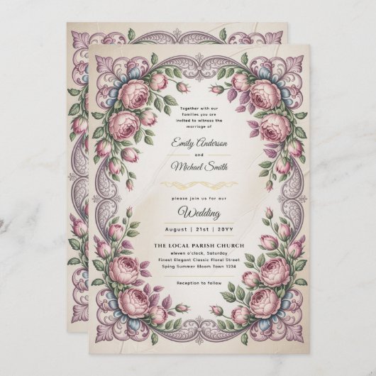 Erfgoed | Rococo en Victoriaanse Botanische Bruilo Kaart (Voorkant / Achterkant)