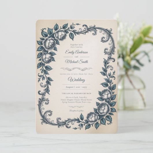 Erfgoed | Victoriaans Stofblauw  Botanische Bruilo Kaart (Staand voorkant)