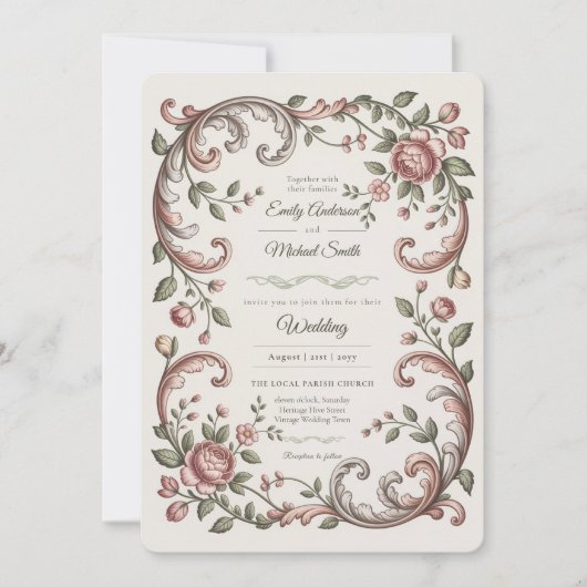 Erfgoed | Victoriaanse Blush Rococo Bloemige Bruil Kaart (Voorkant)