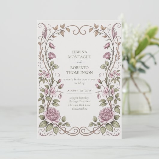 Erfgoed Victoriaanse Botanische Roos Bruiloft Kaart (Staand voorkant)
