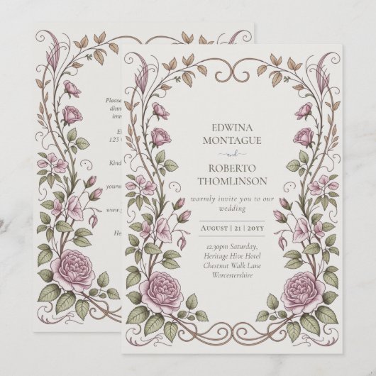 Erfgoed Victoriaanse Botanische Roos Bruiloft Kaart (Voorkant / Achterkant)