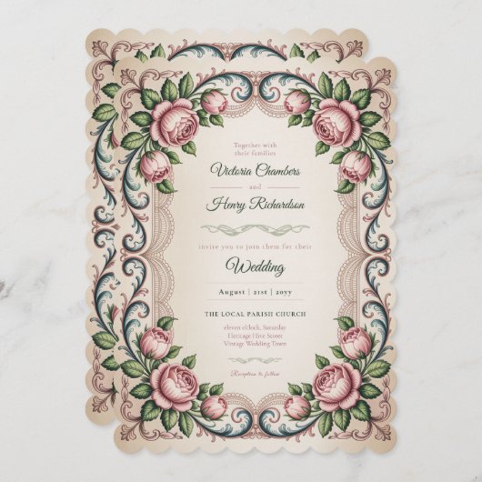 Erfgoed | Victoriaanse Roze Blush Scalloped Bruids Kaart (Voorkant / Achterkant)