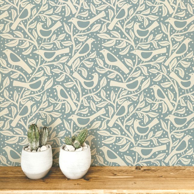 Erfgoed Vogels en Takken Eendenei Blauw Behang (Birds and branches heritage revival arts and crafts movement inspired duck egg blue green wallpaper)