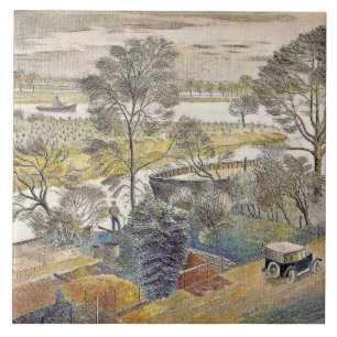 Eric Ravilious art, River Thames, Chiswick Eyot Tegeltje