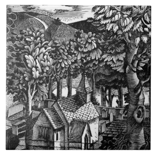 Eric Ravilious - Kerk onder een heuvel, Tegeltje (Voorkant)