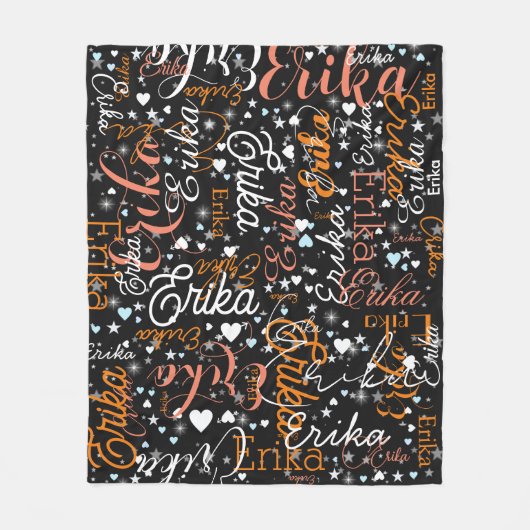 Erika Custom Naam, Schattige Hearts Starred Zwart Fleece Deken (Voorkant)