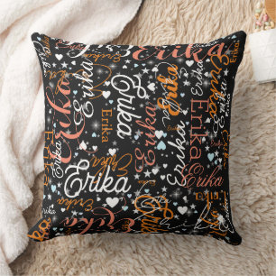 Erika Custom Name, Schattige Hearts en Stars Black Kussen