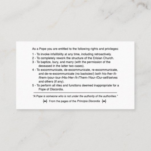 Erisian Discordian POEE Pope Kaarten Visitekaartje (Achterkant)