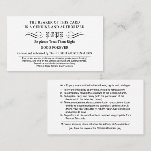 Erisian Discordian POEE Pope Kaarten Visitekaartje (Voorkant / Achterkant)