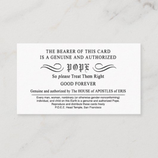 Erisian Discordian POEE Pope Kaarten Visitekaartje (Voorkant)