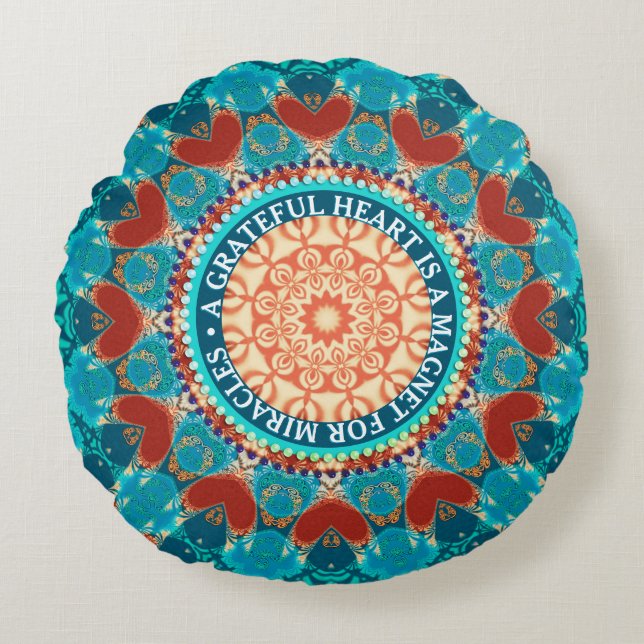 Erkenbare Dankbaarheid Aqua Teal Mandala Aanpasbar Rond Kussen (Voorkant)