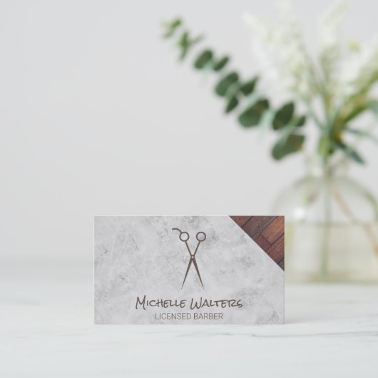 Erkend kapster | Schaar | Marmer & Hout Visitekaartje (Staand voorkant)