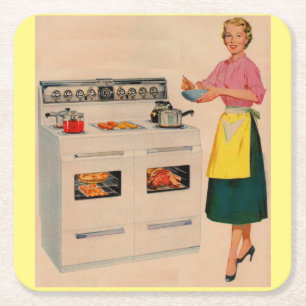 Erma en haar ovenoven met dubbele schuur kartonnen onderzetters